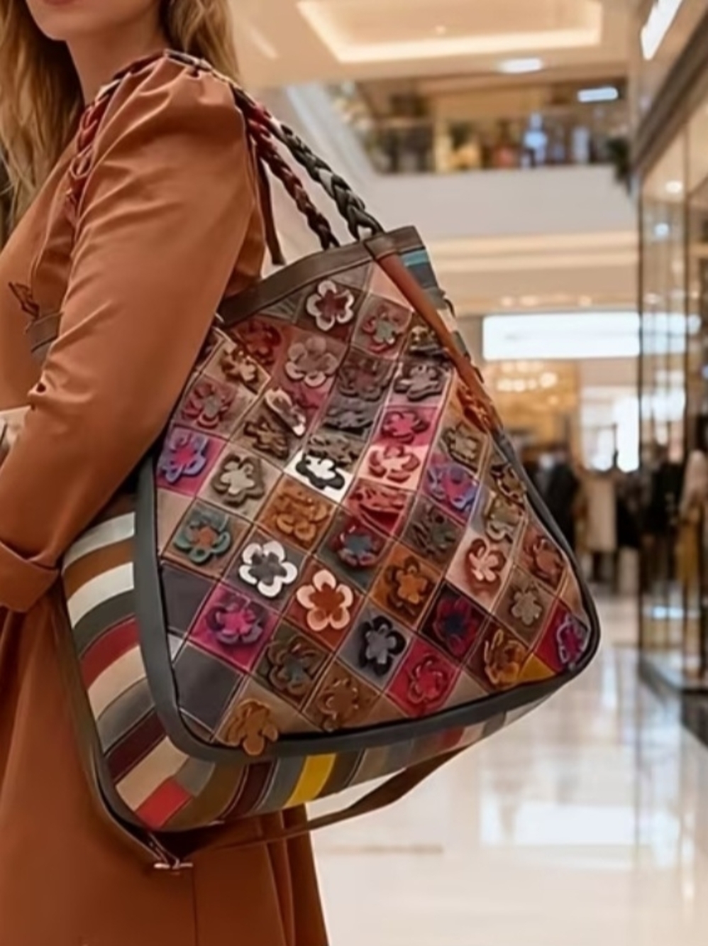 ♥️Multicolor Patchwork Floral Genuine Leather Shoulder Bag Large - Picture 12 of 12